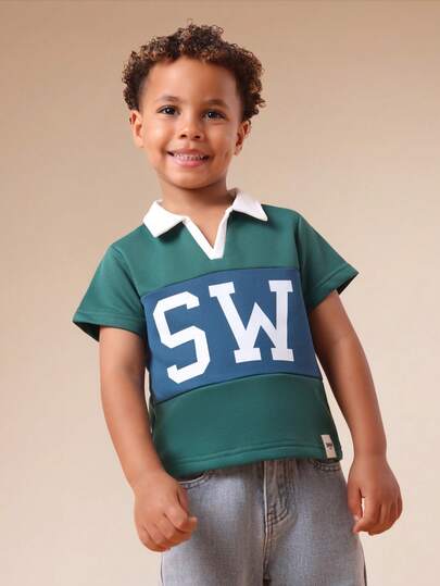  SUMWON Boys Short Sleeve Colorblock Polo Shirt With V Placket And White Collar Detail Casual Summer Top Vacation