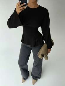 Aloruh 女士休闲圆领T恤，腰部褶皱设计，纯色T恤，适合日常通勤和居家穿着，长袖针织T恤，饰有花卉网眼图案 - 黑色 - 查看 5