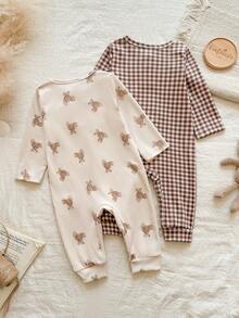 Vintaside Kids 2pcs Newborn Casual Cute Bear & Plaid Print Long Sleeve Romper, Suitable For Spring, Summer, Autumn, Winter, Home, Outdoor, Daily Wear