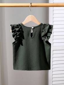 Genkimix Kids Young Girl' Textured Fabric Casual T-Shirt With Flutter Sleeves Ruffle Sleeve Top Girls - Army Green - View 2