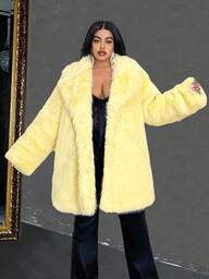 Maweii Damen süße, flauschige, mittellange, locker sitzende Jacke mit Kragen und Langarm in Makronenfarbe in Große Größen, Kunstpelzmantel in Große Größen für den Winter