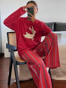 DAZY Cartoon Print Top And Striped Pajama Pants Women Sleepwear Set - Red - View 5