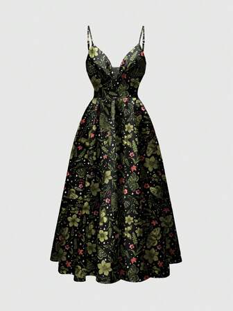 Fairycore Robe à fines bretelles sexy à col très échancré avec imprimé floral romantique, champignon, papillon, soleil et lune pour femmes