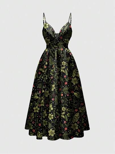 Fairycore Romantic Floral, Mushroom, Moth, Sun & Moon Print Spaghetti Strap Sexy Low-Cut Dress For Women