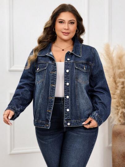 EMERY ROSE Chaqueta vaquera casual de manga larga y abotonadura sencilla para mujer de talla grande