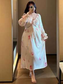 Dazy Plus Plus Size Elegant Floral V-Neck Contrast Lace Cinched Waist Maxi Dress With Flare Sleeves, Sleepwear - Apricot - View 4