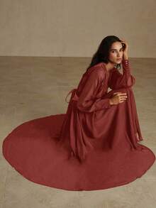 Revavyn Đầm tay dài xòe cổ chữ V bằng vải satin phong cách Âu Mỹ thời trang đa năng, đi làm, thu đông - Hồng - Xem 6