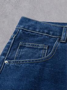 Manfinity Denimwave Men's Vintage American Personalized Frayed Hem High Street Embroidered Washed Loose Barrel Leg Jeans, Versatile For Everyday Wear - Dark Wash - View 5