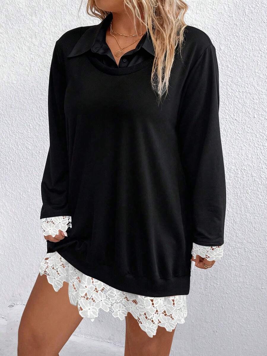 Juhart 大码女式撞色蕾丝长袖休闲宽松卫衣连衣裙 - 黑色 - 查看 1