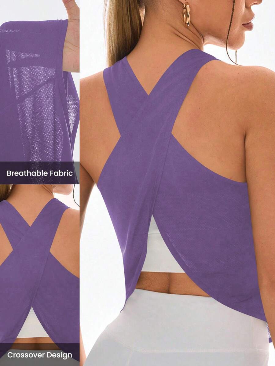 SHEIN Core Rhythm Débardeur de sport décontracté à dos croisé de couleur unie pour femmes