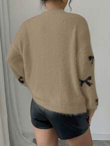Selianne Neue Pullover mit Kunstfell-Kragen und Schleife, modisches Design Langarm-Pullover für Frauen - Kamelfarben - Übersicht 2