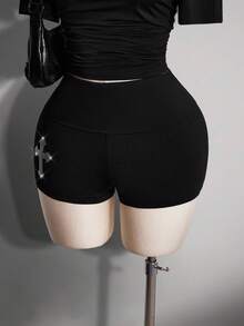 SHEIN ICON Quần short thời trang cạp chun đính đá chéo cỡ lớn cho nữ - màu đen - Xem 5