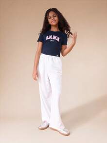 SUMWON Tween Navy Short Sleeve Ribbed T-Shirt And Light Grey Joggers Co-Ord Set With Pink S.M.W.N Studios Print Casual Wear Outfit - Multicolor - View 6