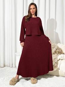 Auralis 大码女式罗纹长袖T恤和中长裙休闲两件套