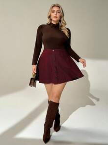 Auralis 秋冬新款复古美拉德印花羊毛A字格纹迷你裙，加大码女士经典千鸟格褶裥裙，优雅美式前扣伞裙 - 紅色 - 查看 7