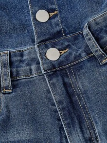 Sweetra 女士口袋单排扣毛边休闲百搭喇叭牛仔裤 - 中等水洗藍 - 查看 4