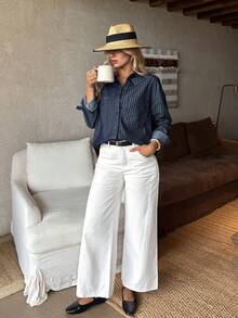 EMERY ROSE Mature Denim Camisa vaquera casual de mujer con bolsillo, de manga larga, de un solo pecho, con hombros caídos y diseño de parches y rayas - Azul - Ver 6