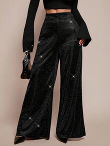 SHEIN PETITE 女士休闲亮面针织高腰阔腿裤 - 黑色 - 查看 7