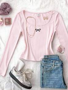 SHEIN Teen Girls' Casual Crew Neck Long Sleeve Fitted Top - White - View 4