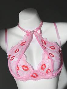 Set de lencería de 2 piezas con corazón de encaje bicolor sexy y romántico para el Día de San Valentín - Rosa - Ver 8