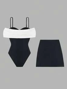 Swim Oasis 两件套高端露肩抹胸细肩带蝴蝶结修身连体泳衣，带可拆卸裙摆，纯色侧开衩沙滩度假装 - 黑色 - 查看 6