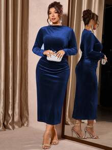 Cravure Plus Size Women Solid Color Long Sleeve Ruched Fitted Elegant Dress - Blue - View 8