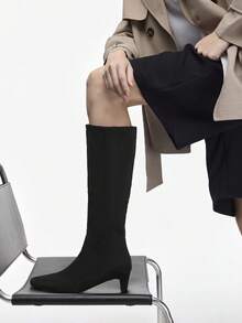 Mnmlis Women's Square Toe Minimalist Kitten Heel Mid-Calf Boots For Christmas - Black - View 11