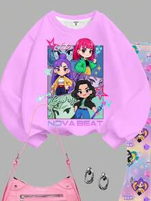 SHEIN 返校季，卡通女孩，亮紫色，K-Pop 超级明星 Rumi、Mira、Zoey，少女休闲宽松圆领长袖卫衣套装，两件套，适合秋冬季穿着 - 彩色 - 查看 6