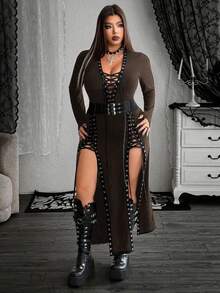 Whyspr Vestido de manga larga con cuello en V profundo y lazo para mujer de talla grande, otoño/invierno - Marrón - Ver 7