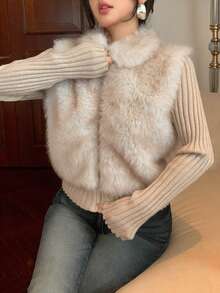 DAZY Áo khoác cardigan nữ 2 trong 1 chắp vá thanh lịch, Thu/Đông - Màu be - Xem 4