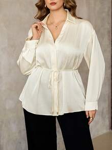 Roveilla Plus Size Women's French Elegant Luxurious Chic Christmas Party Minimalist High-End Casual Resort Workwear Vintage Comfortable Solid Satin Collared V-Neck Open Front Belted Flared Long Sleeve Shirt, Spring/Autumn/Winter Curvy Blouses Plus Size Blouses White Elegant Blouses Cream Blouse Plus Size Women Clothes Blouse