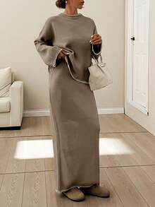 EURMUSE Women Stitch Detailed Round Neck Drop Shoulder Pullover & Sweater Skirt Set