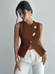 Firerie Blusa blanca elegante, refinada y romántica con botones metálicos en la cintura, corte evasé y sin mangas para uso diario y de oficina - Marrón - Ver 3