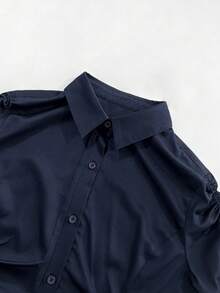 Rina Fox 女士新款Y2K坏女孩风格翻领全拉链短袖衬衫，两侧饰有褶裥，复古休闲学院风抽绳袖口褶裥设计，百搭衬衫，适合上学、通勤、购物等场合。 - 藏蓝色 - 查看 3