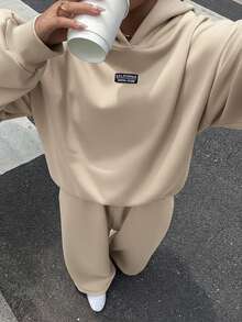 Muchica 女士卡其色保暖休闲宽松连帽衫和运动裤两件套，秋冬季 - 卡其色 - 查看 6