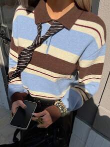 Livesso 女士休闲条纹高领毛衣，秋季 - 咖啡棕 - 查看 4