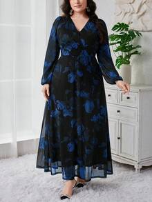 Modelyn 大码女式印花V领薄纱灯笼袖优雅长款晚礼服 - 藏蓝色 - 查看 4