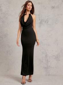 L'Amorae Vestido maxi de punto con cuello de capucha, adorno dorado en el cuello y elegante para mujer - Negro - Ver 3