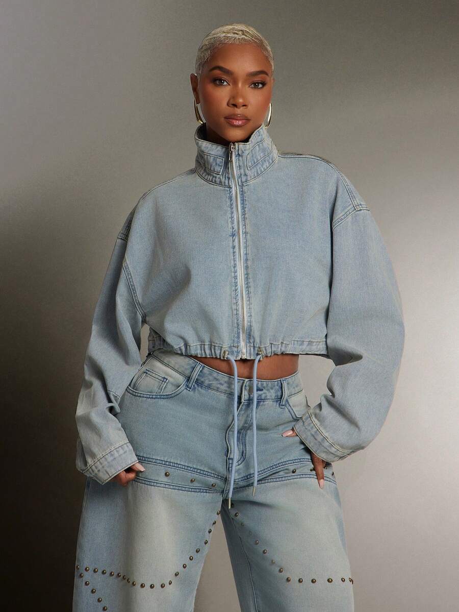 Denimoi Elastic Waist Toggle High Neck Zip Front Cropped Denim Jacket - Light Wash - View 1