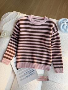 SHEIN Áo len dệt kim cổ tròn tay dài cho bé gái, áo chui đầu dệt kim sọc khối màu đơn giản, ấm áp và thoải mái khi mặc hàng ngày, bộ sưu tập mùa đông mới - Hồng - Xem 5