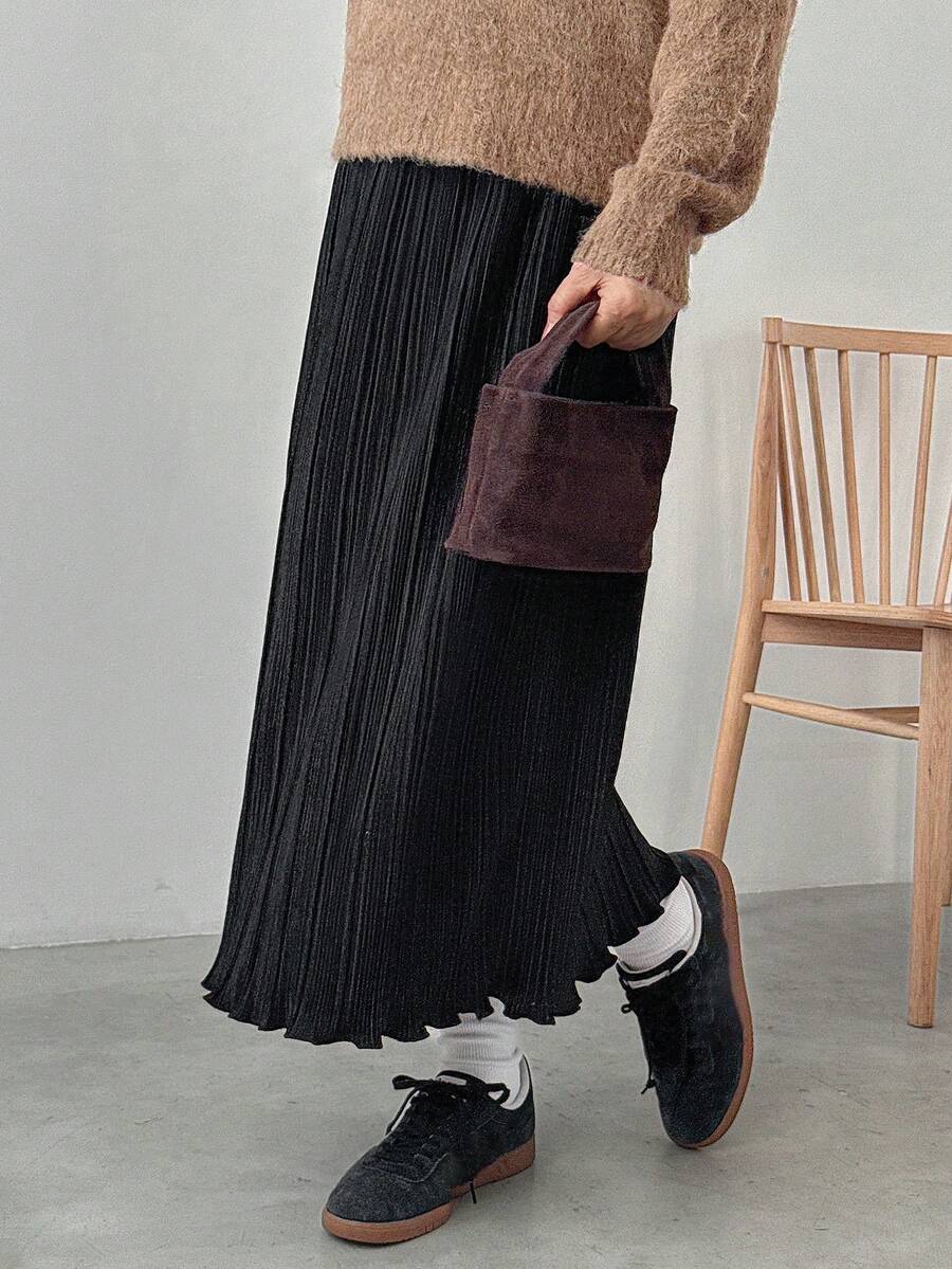 FRIFUL 女士纯色休闲纹理面料A字裙 - 黑色 - 查看 1