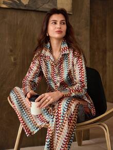 Hansera 2件套女士条纹长袖衬衫和裤子休闲套装 - 彩色 - 查看 5