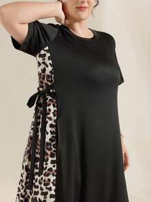 Momelise Robe ample en tricot léopard avec patchwork, col rond, grande taille - Multicolore - Voir 6