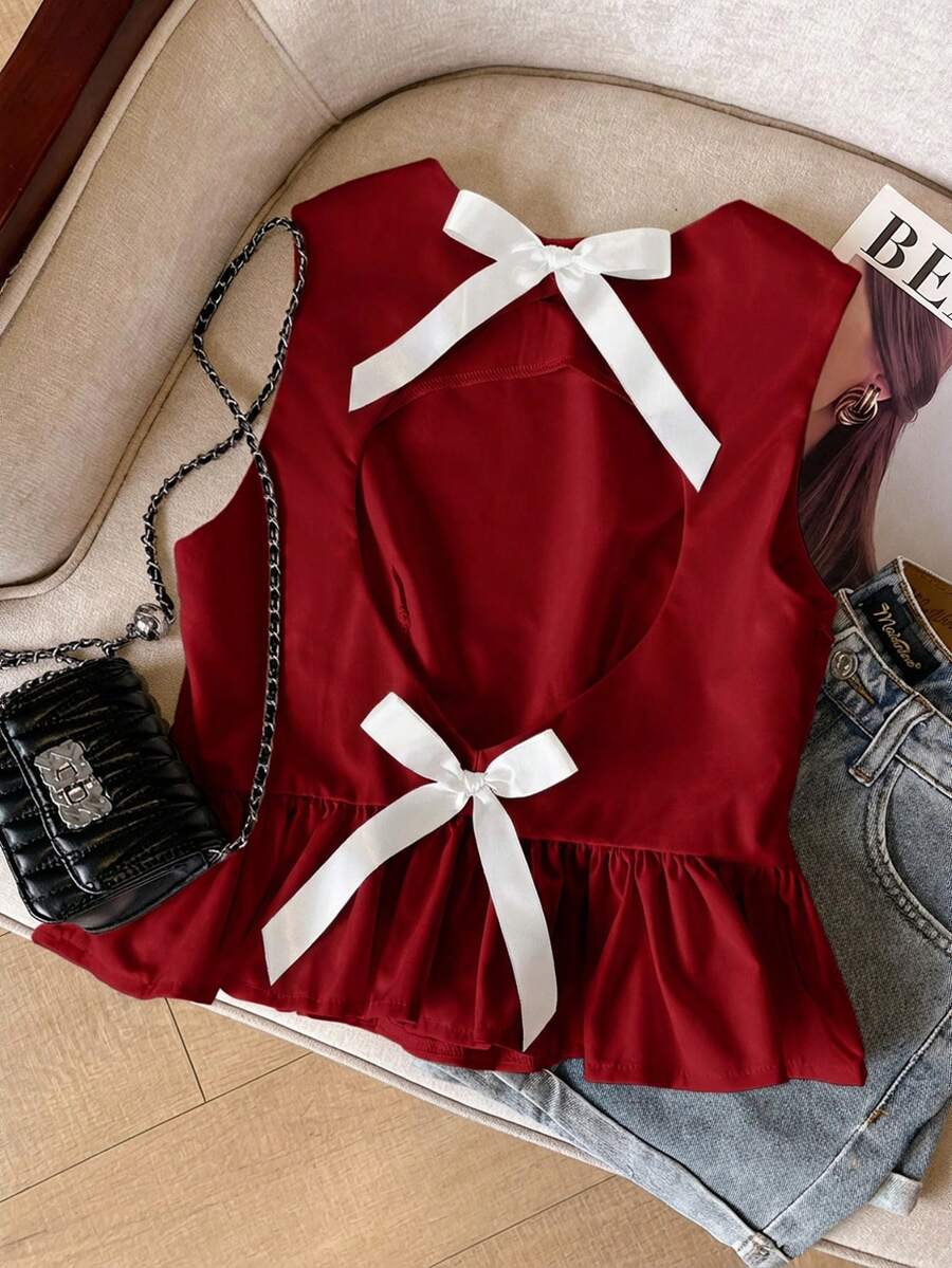 SHEIN Frenchy Áo hai dây cổ tròn đính nơ trang trí viền bèo nhún dễ thương cho nữ - Màu Đỏ Sâu - Xem 1