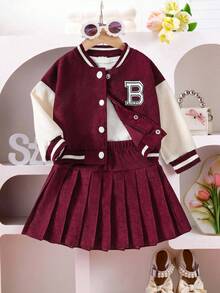 Genkimix Kids 2pcs Baby Girl Letter Print Color Block Baseball Jacket Pleated Mini Skirt Set Cute Kawaii Family Matching Gym Burgundy Autumn - Burgundy - View 7