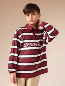 SUMWON Boys Long Sleeve Striped Rugby Polo Shirt With Collegiate Text Print And Classic Collar For Casual School Wear Vacation - Multicolor - View 4