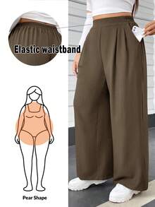 Auralis 大码女装秋冬休闲舒适宽松弹力腰灰色基础款阔腿裤，秋季女装，返校季，复古风，外出下装，曲线裤，女装搭配，秋季裤装 - 咖啡棕 - 查看 7