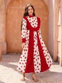 1 Piece Teen Girls Elegant Vintage Red Rose Floral Print Maxi Dress White Autumn Holiday Celebration Wear,Long Buttoned Sleeves Ruffled Trim Outfit - Multicolor - View 5