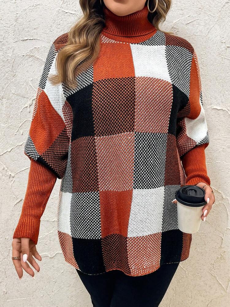 チェック柄ルーズフィットタートルネックセーター、タートルネックセーター、冬の女性ドレス、秋のカーブ服、外出用トップス、カントリートップス、ベーシックトップス、クラシック、秋のセーター