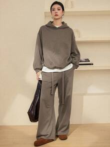 Dazy-Less 2pcs Women Solid Color Hoodie Top And Pants Set Lounge Sets For Women - Coffee Brown - View 1